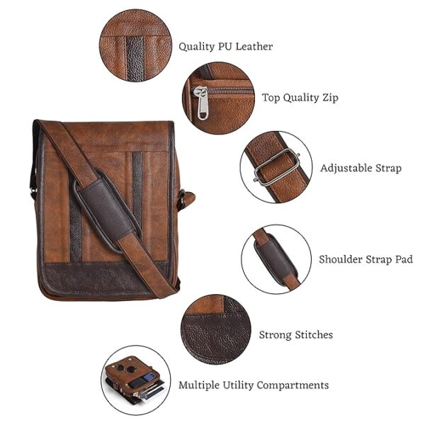 Shoulder Bag for Women & Men - Stylish Handmade Dark Brown Bag | Phone Bag | PU Leather | Unisex for Men, Women, Boys & Girls | Shoulder Bag with Multiple Compartments for Tablets, Phones & More - Image 3